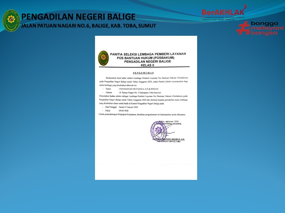 PENGUMUMAN Hasil Akhir Seleksi Posbakum Pengadilan Negeri Balige Tahun Angaran 2024